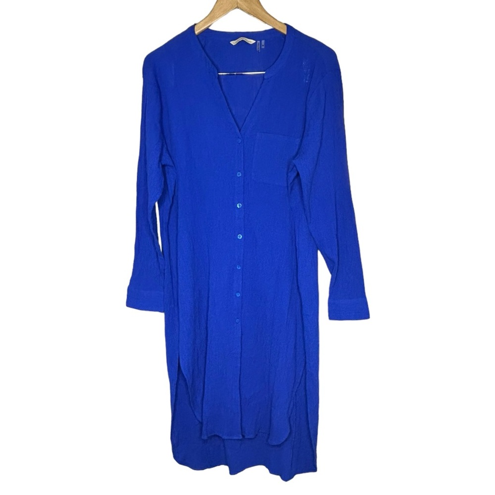 Soft Surroundings Navy Blue Crinkle Crepe Gauze Rayon Maxi Shirt Dress